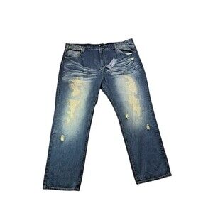 Royal Blue Jeans Straight Fit Distressed Denim Mens Size 48 x 32 Whisker Grunge